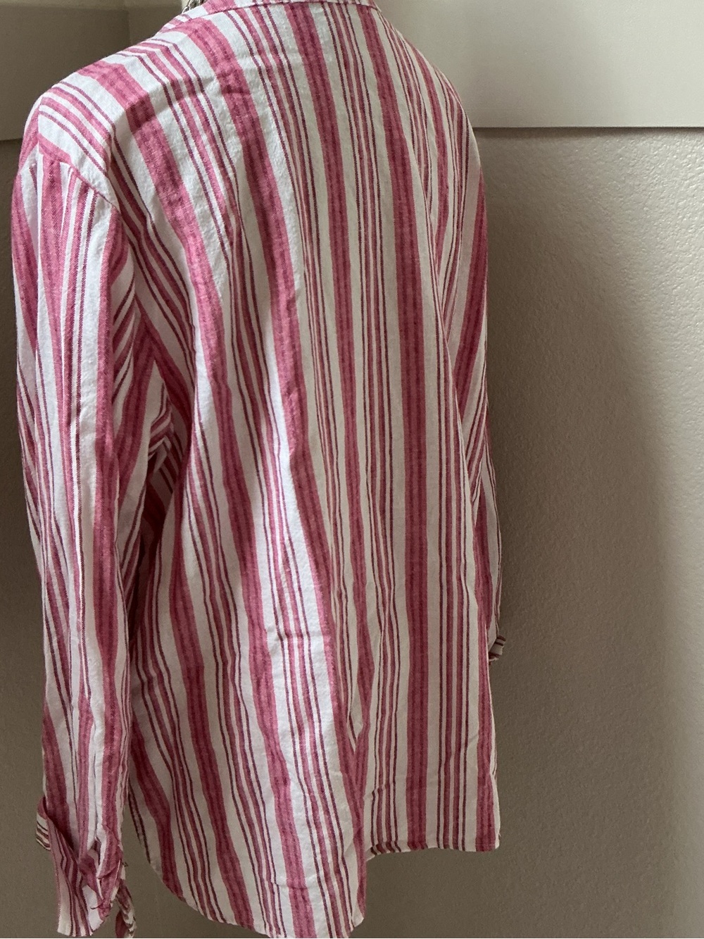 Nine West Pink and White Linen blend Striped Button-Down V-Neck Shirt - Picture 5 of 7